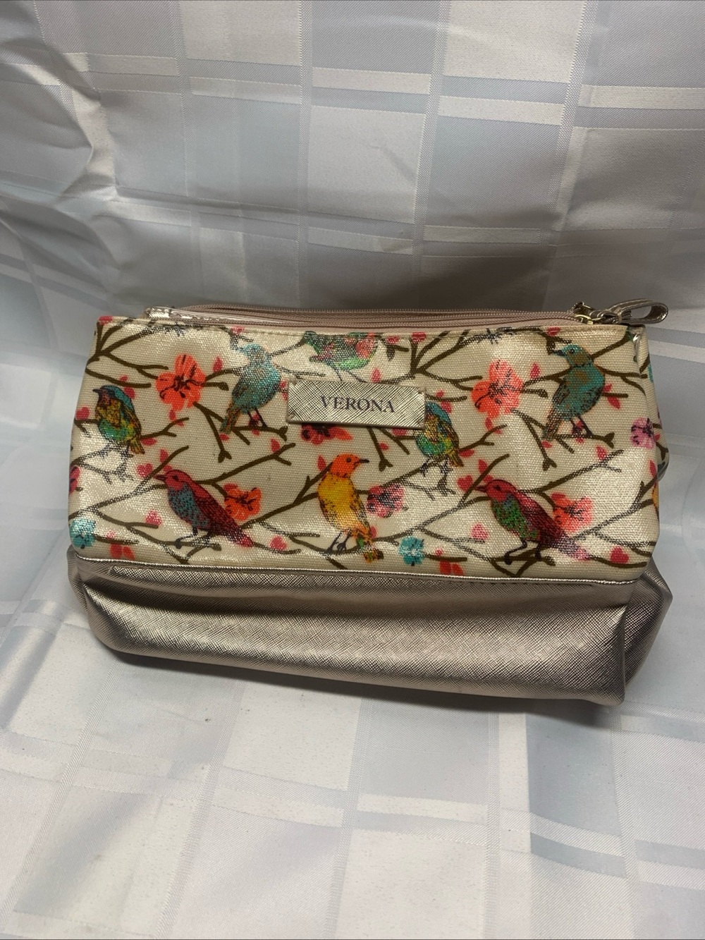 Versona Cream Bird & Floral Cosmetic Bag with Metallic Rose Base